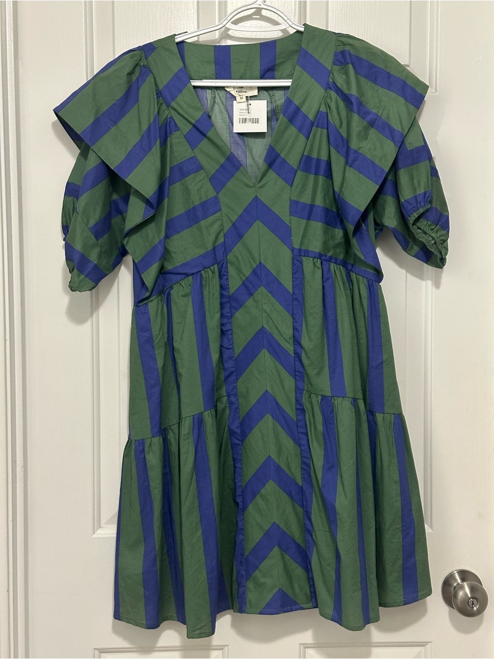 entro Green and Blue Striped Tiered V-Neck Dress
